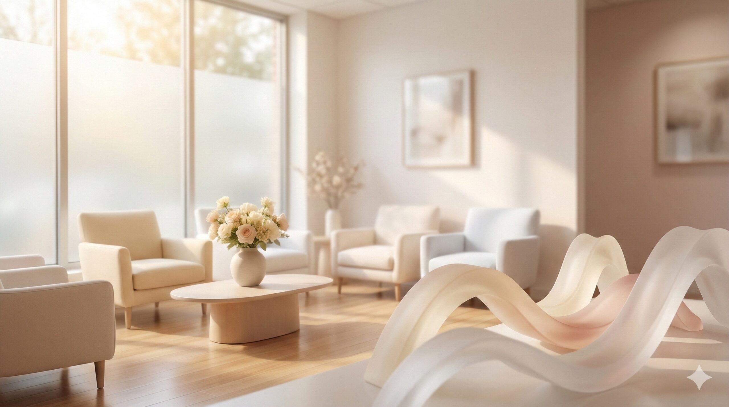Lyst og innbydende klinisk rom med myke hvite, elfenben og rosa toner, naturlig lys som strømmer gjennom store vinduer og abstrakte buede former i forgrunnen